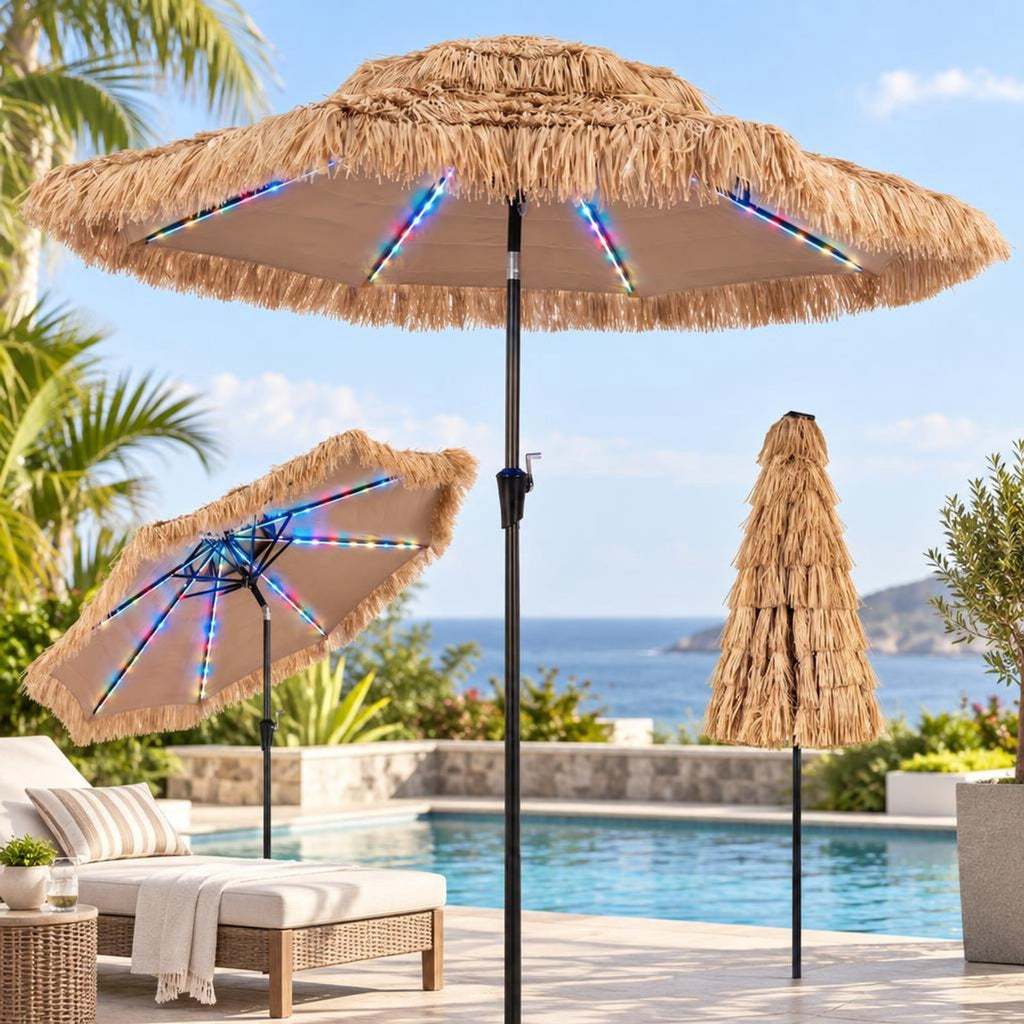 Airfind 9 FT Solar Thatched Tiki Umbrella with 96 Multi-colored Flowing Lights and 12 Modes, PE Thatch Polyester Fabric Metal Frame, Beige