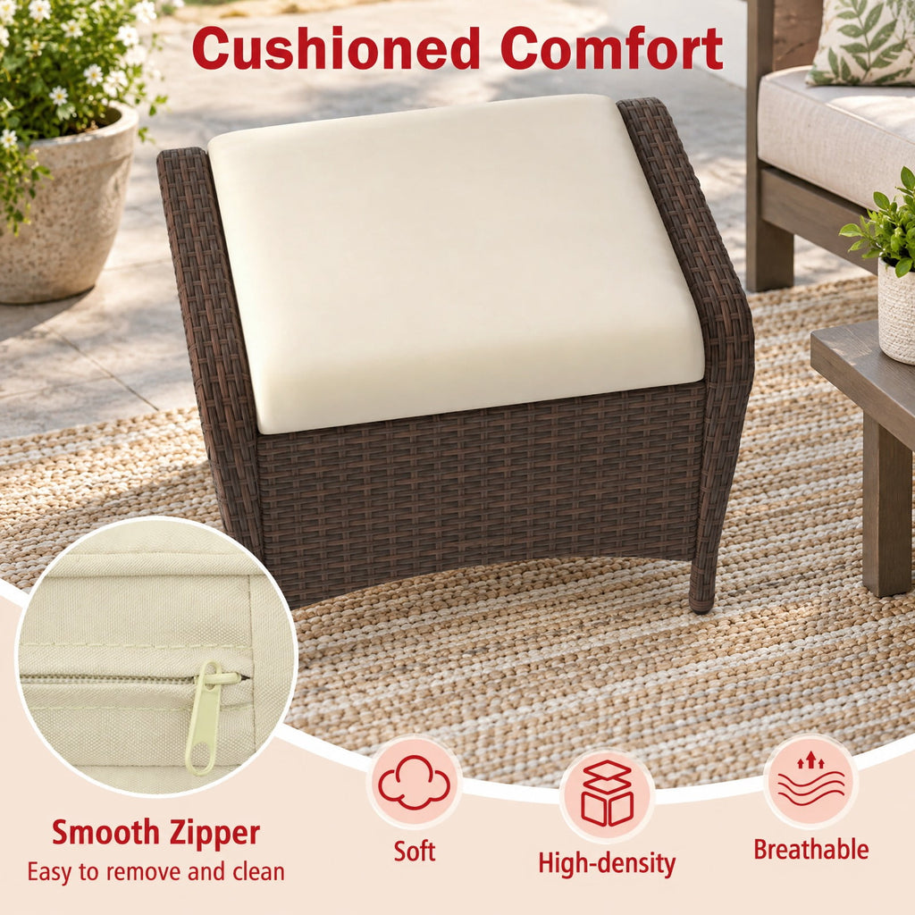Airfind Set of 2 Outdoor Patio PE Wicker Ottomans with Removable Cushions, Ottoman 400 lbs Capacity, PE Rattan Metal Polyester Sponge Frame, Beige