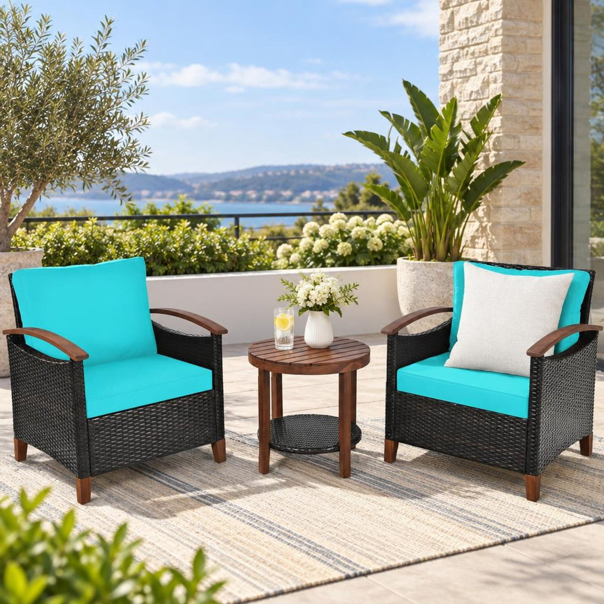 Airfind 3 Pieces Patio Rattan Furniture Set with Washable Cushion and Acacia Wood Tabletop, 360 lbs Capacity, 26 x 27.5 x 31 Footprint, Turquoise