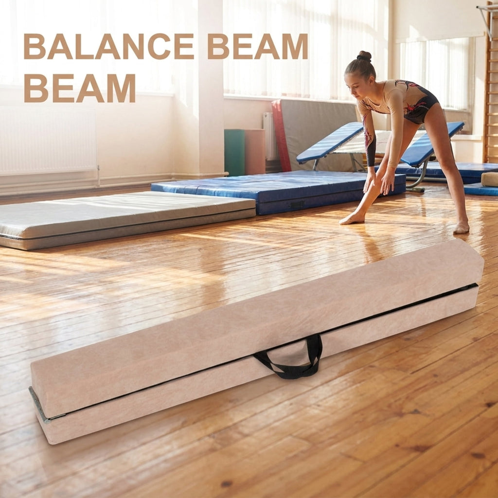 Airfind 9 ft Folding Gymnastics Balance Beam with Suede Cover, Pine Wood Core and Non-Slip Mat, Brown