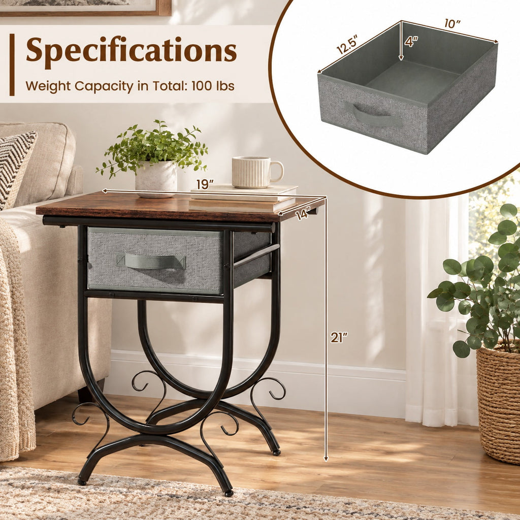 Airfind Side Table with Fabric Drawer and Carved Metal Frame for Living Room, 88 lbs Capacity, Engineered Wood Metal Fabric Frame, Black Gray
