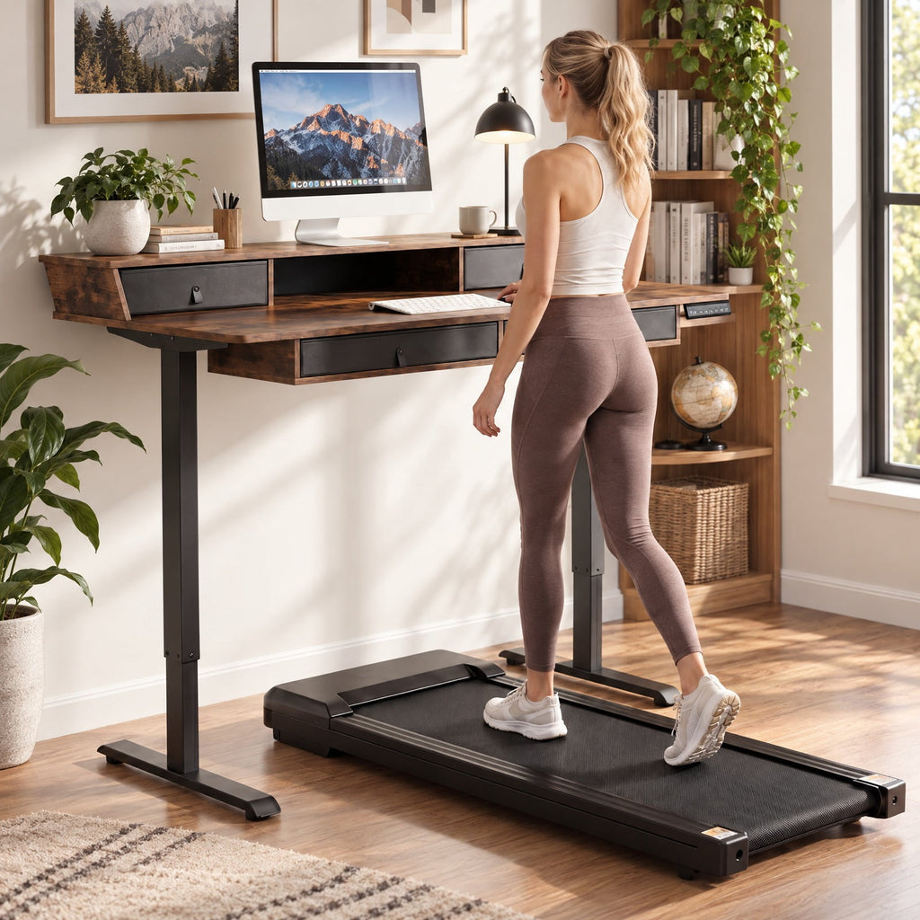 Airfind 55 Inch x 27 Inch Electric Standing Desk with Drawers, Engineered Wood Metal Fabric Frame, 55 Inch x 27 Inch x 33.5 Inch -51 Inch Footprint, Brown