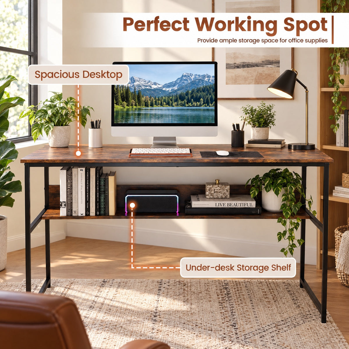 Airfind 55 x 24 inch Computer Desk with Power Outlets and USB Ports, 220 lbs Capacity, Engineered Wood Metal Frame, Brown