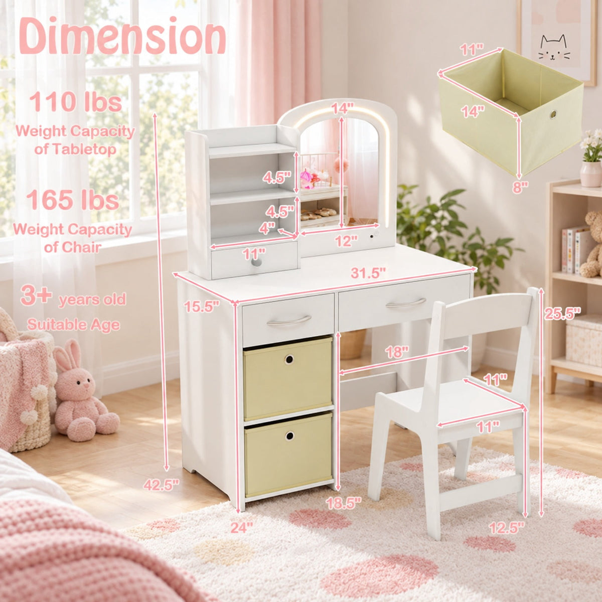 Airfind Kids Vanity Set with Lighted Mirror Makeup Desk and Chair Set with Drawers, 110 lbs Capacity, MDF Frame, for 3+ years old, White
