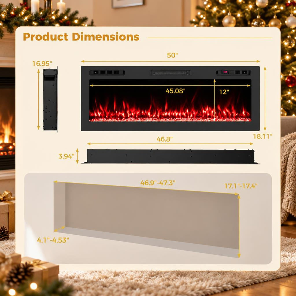 Airfind Smart WiFi Electric Fireplace Wall Mounted and Recessed 750W/1500W Heater-50 Inch, Black, Power Cord 5 ft Net Weight-36in 29.5 lbs
