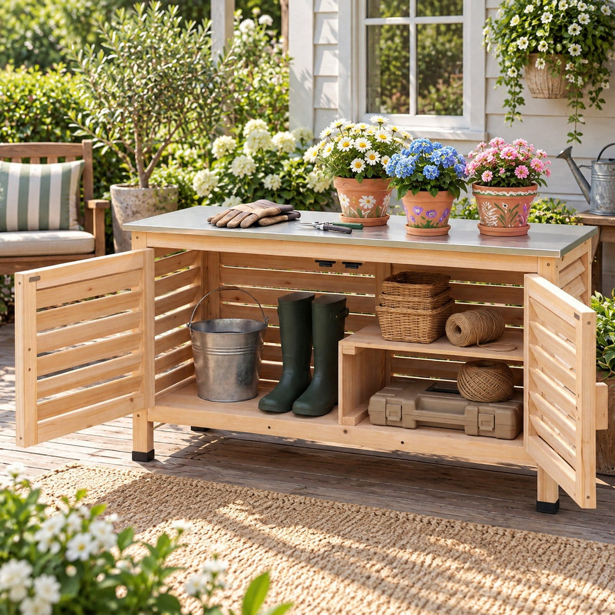 Airfind Patio Storage Cabinet with Stainless Steel Countertop and L-Shaped Shelf for Garden, 66 lbs Capacity, Fir Wood Stainless Steel Rubber Frame