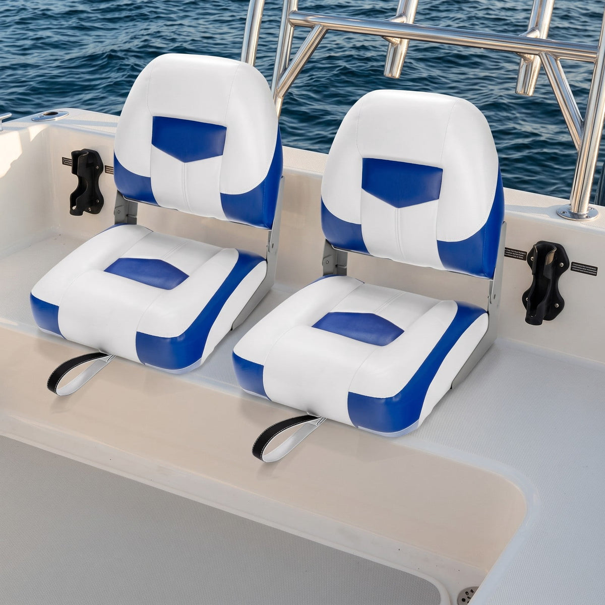 Airfind Folding Low Back Fishing Boat Seats 2 Pack with Padded Cushion and Stainless Steel Screws for Jon Boats and Pontoon Fishing, Blue and White