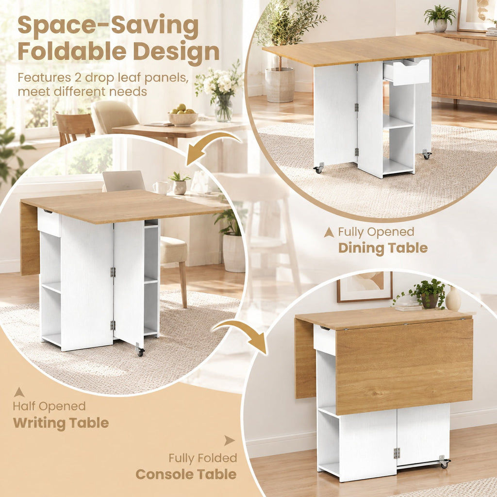 Airfind 47.5 Inch Farmhouse Extendable Wooden Dinner Table with Lockable Wheels, 88 Lbs Each Shelf Capacity, Engineered Board MDF, Natural