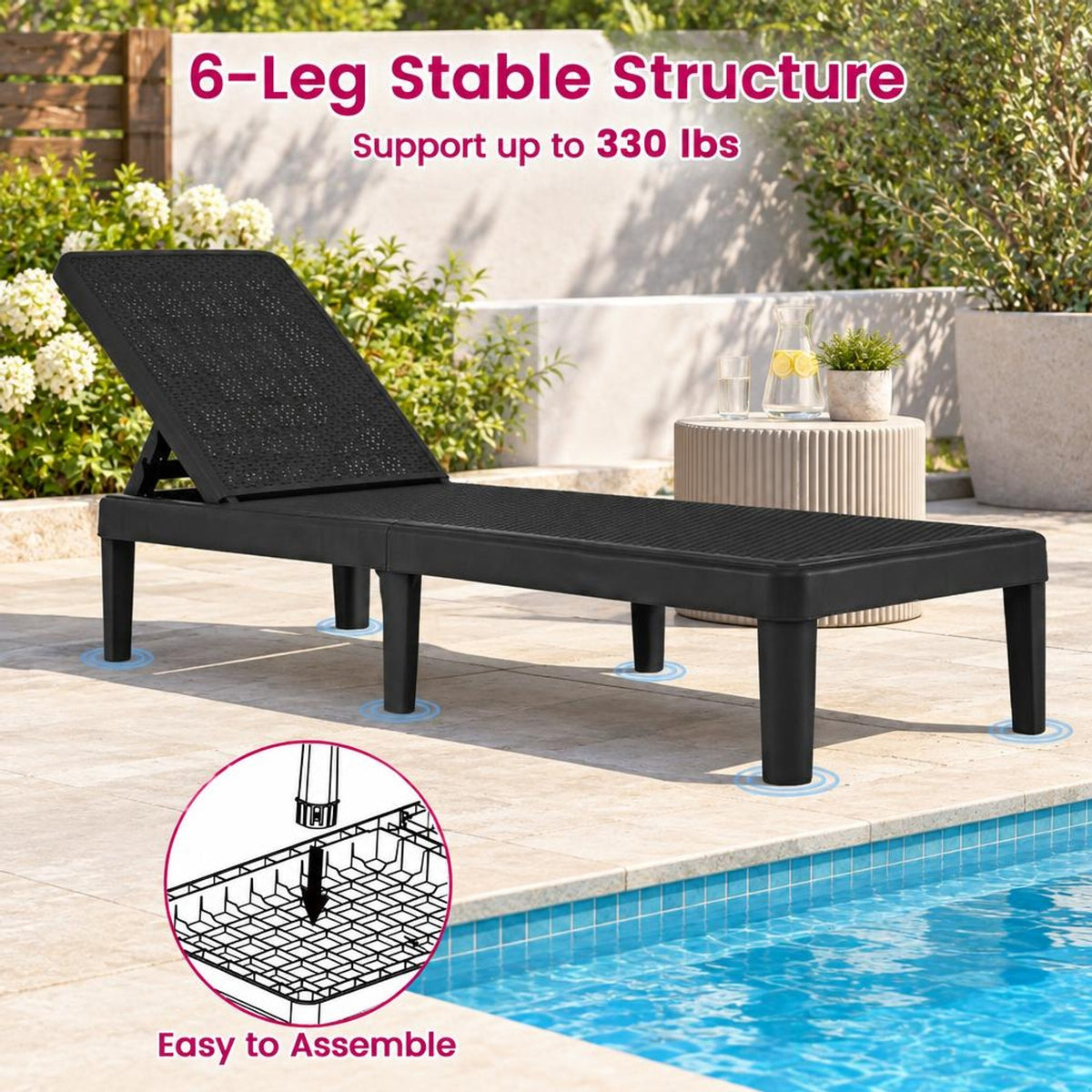 Airfind Outdoor Chaise Lounger Chair with Waterproof Rattan Textured PP Surface and 330 lbs Capacity, 330 lbs Capacity, PP Frame, Black