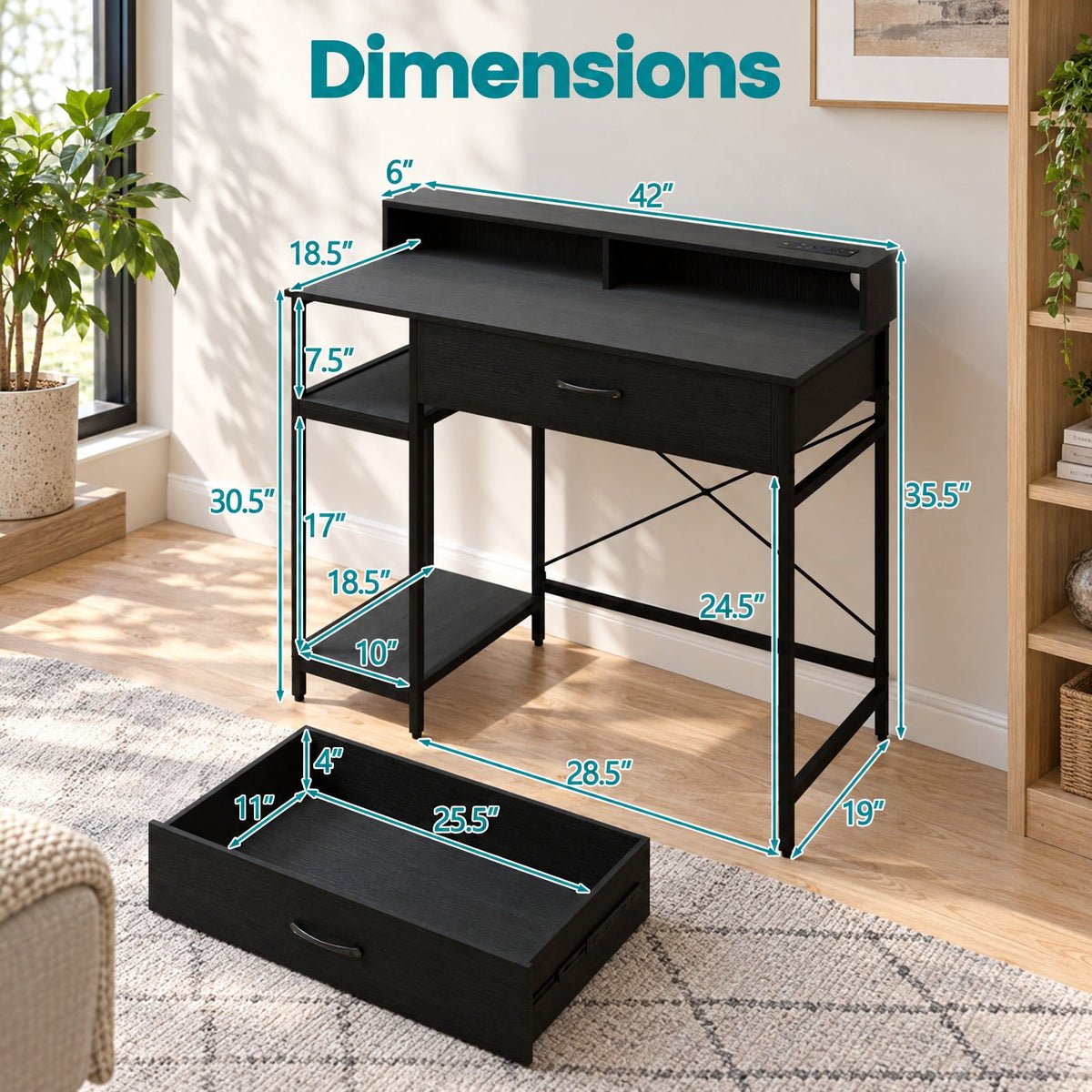Airfind Computer Desk with Power Outlets 42inch Writing Desk with Hutch Drawer and 2 Open Shelves, 110 lbs Capacity, Engineered Wood Metal Frame