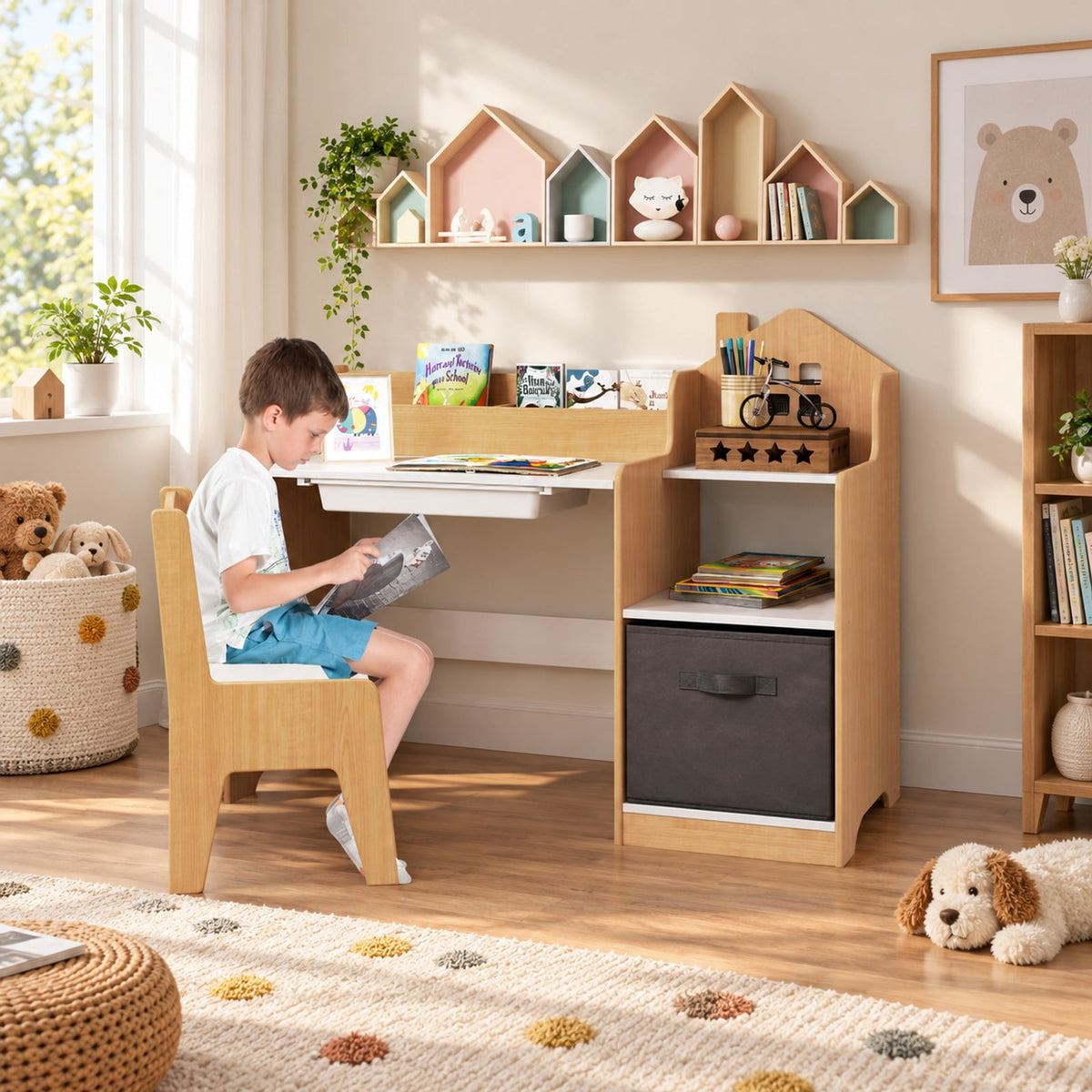 Airfind Kids Study Desk and Chair Set with Open Shelves Drawer and Fabric Storage Bin, 44 lbs Capacity, MDF Non-woven Fabric Desk Frame, Natural
