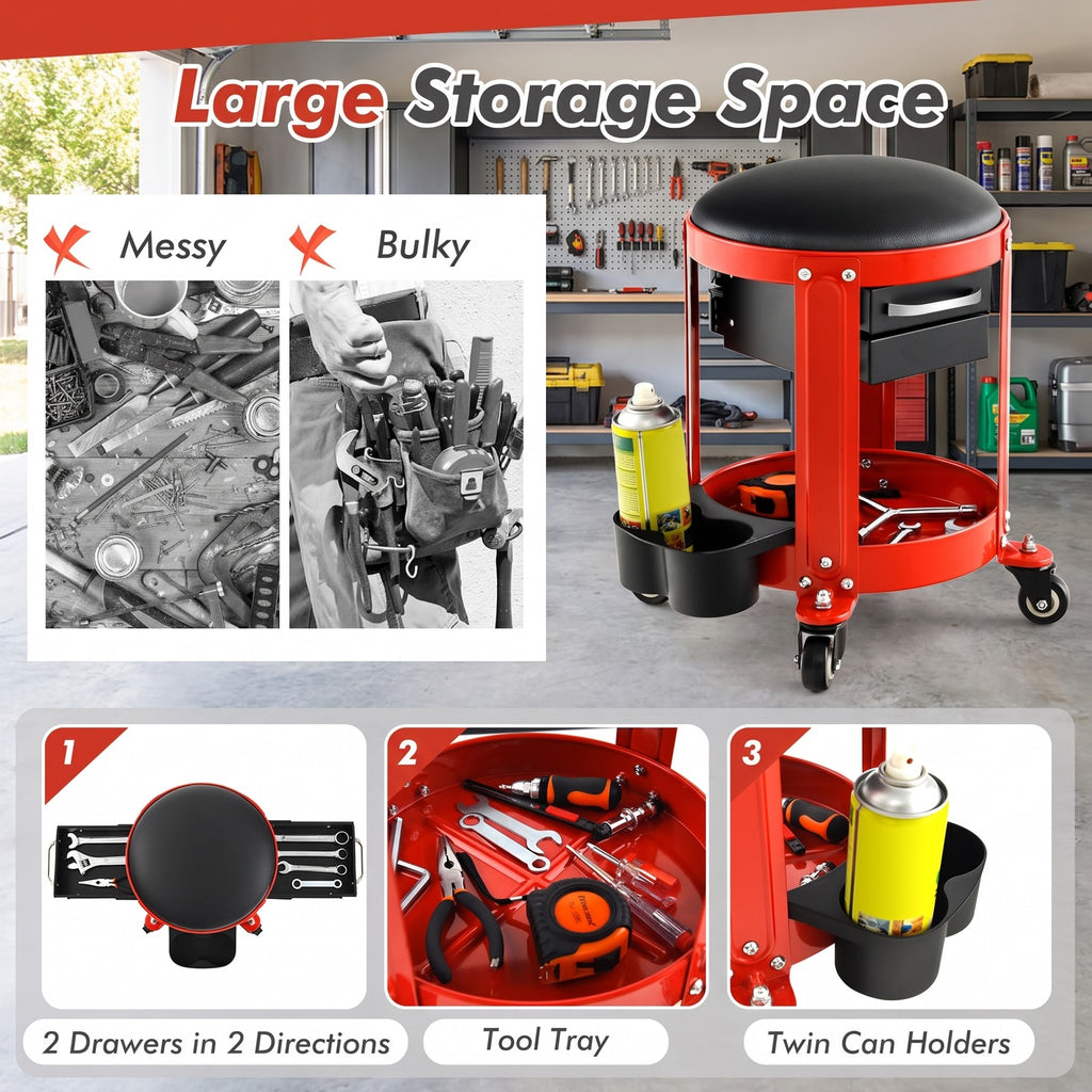 Airfind Rolling Mechanic Stool with Removable Padded Seat and Drawers, 330 lbs Weight Capacity of Tool Tray: 155 lbs Capacity, 16 x 17 Footprint