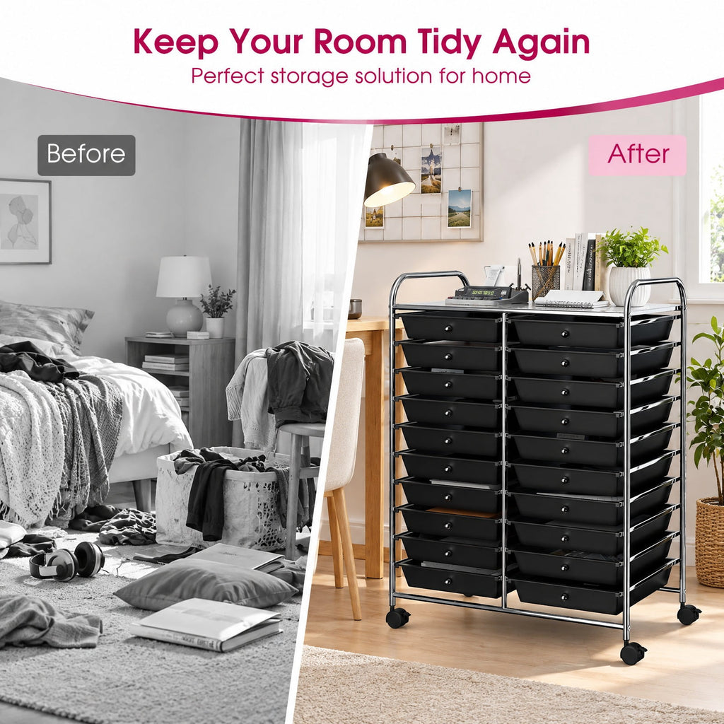 Airfind 20 Drawers Storage Rolling Cart Studio Organizer, Steel Frame, 25 Inch x15 Inch x 34 Inch Footprint, Black