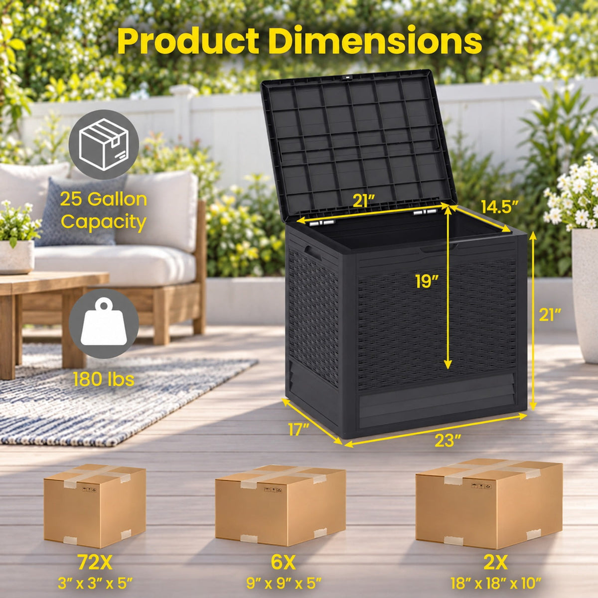 Airfind 25 Gallon Outdoor Storage Box with Rattan Patterns, 180 lbs Capacity, PP Frame, 23 x 17 x 21 Footprint, Brown