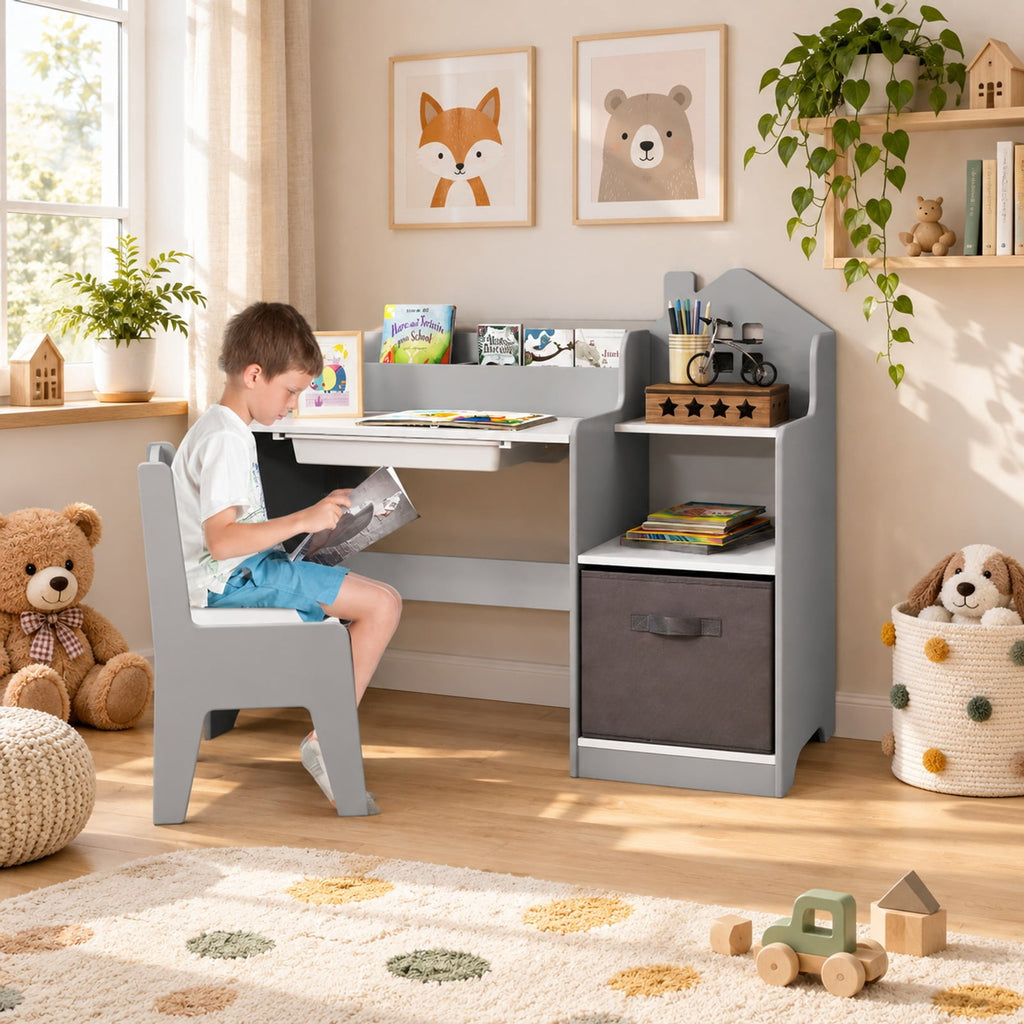 Airfind Kids Study Desk and Chair Set with Open Shelves Drawer and Fabric Storage Bin, 44 lbs Capacity, MDF Non-woven Fabric Desk Frame, Gray