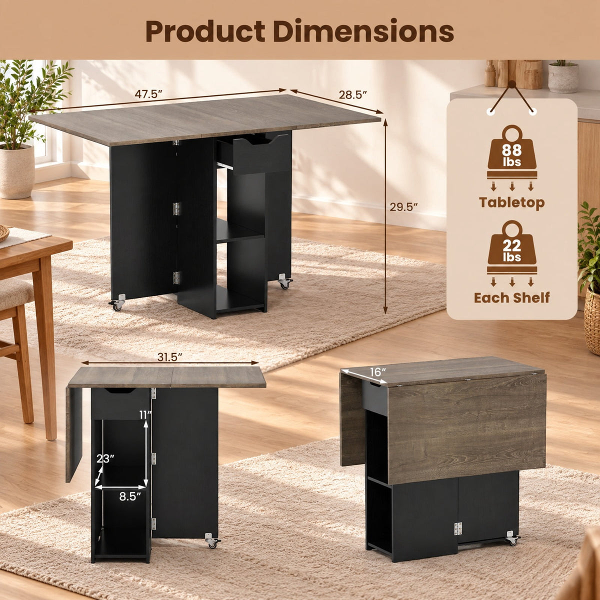 Airfind 47.5 Inch Farmhouse Extendable Wooden Dinner Table with Lockable Wheels, 88 Lbs Capacity, Engineered Board MDF, Oak