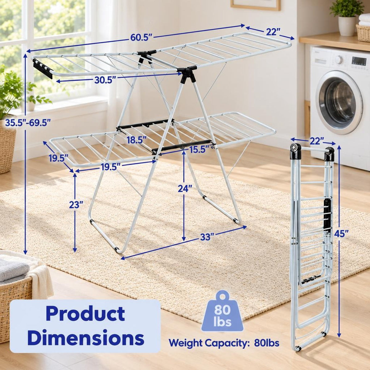 Airfind 2-Tier Foldable Clothes Drying Rack with Adjustable Gullwing, 80 lbs Capacity, Steel Plastic Frame for Everyday Use, White