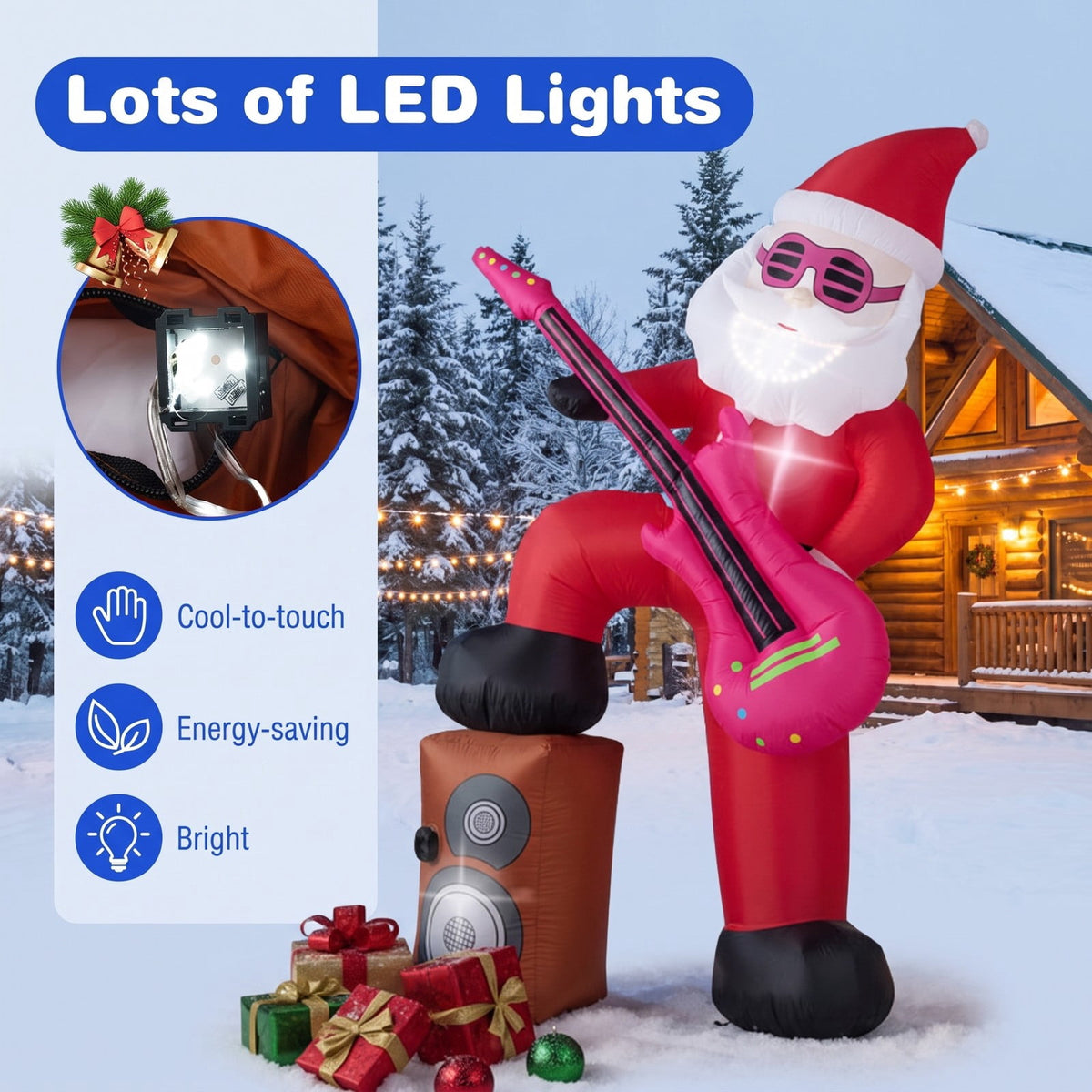 Airfind 8.4 ft Inflatable Santa Claus with Sound, 5ft x 4.6ft x 8.4ftNet Weight 4 lbs Footprint, Multi-colorMaterial Polyester FabricProduct