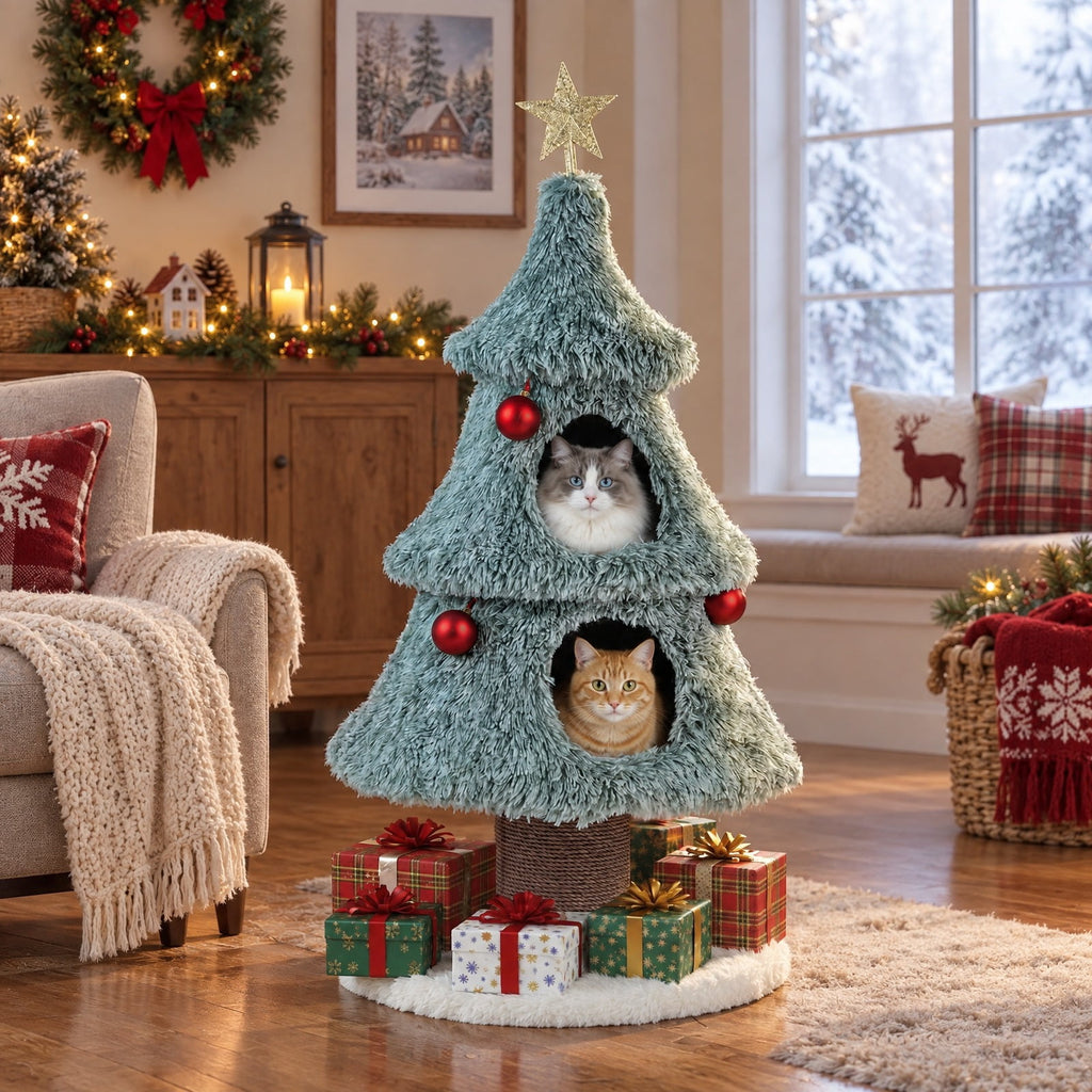 Airfind Christmas Cat Tree for Indoor Cats 48.5 inch Cute Cat Tower with 2 Large Condos Scratching Post, Engineered Wood Jute Rope Plush Frame