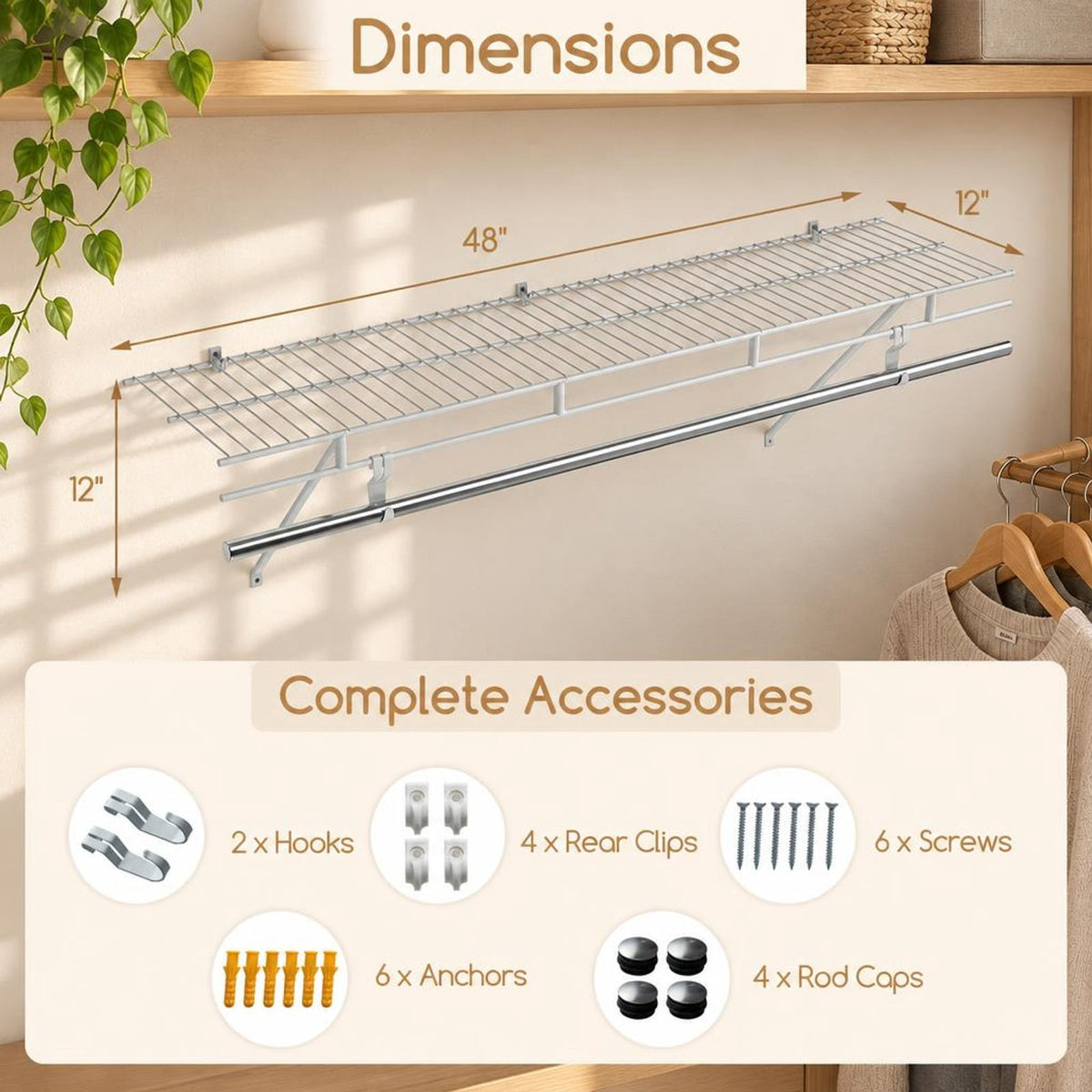 Airfind Closet Shelves Wall Mounted with Ventilated Metal Wire Shelving Kit, 44 lbs Capacity, Metal Stainless Steel Frame, 48 x 12 x 12 Footprint