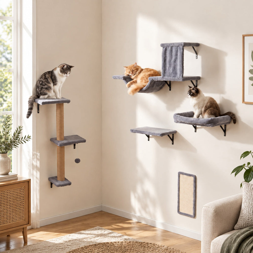 Airfind 5-in-1 Cat Wall Shelves with Condo Bridge Perch Platform Scratching Post and Board for Indoor, 22 lbs Capacity, Gray
