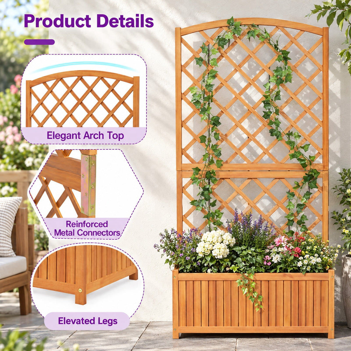Airfind Wooden Raised Garden Bed with Trellis 63 Inch Tall Garden Planter, 80 kg Capacity, Acacia Wood Frame, 31.5 x 15.7 x 63 Footprint, Natural