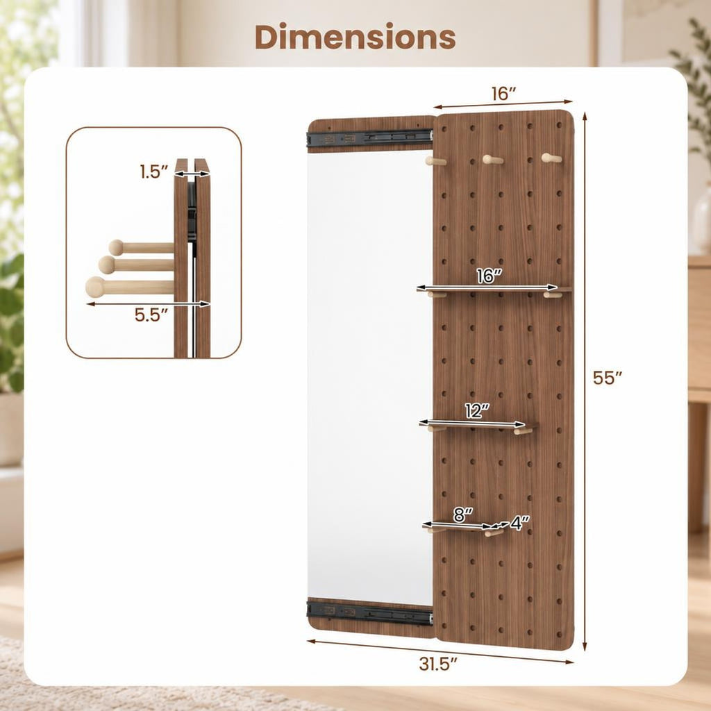Airfind Solid Wood Full Length Mirror with Pegboard Shelves and Hooks for Entryway, Solid Wood Glass Frame, 16 x 5.5 x 55 Footprint, Brown