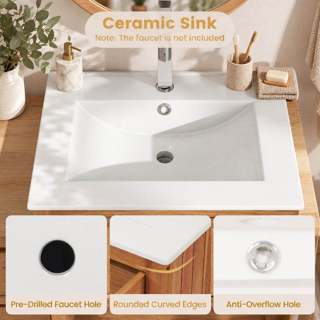 Airfind Bathroom Vanity with Ceramic Sink 2 Rattan Doors and Slatted Shelf, 70 lbs Capacity, Acacia Wood PE Rattan Ceramic Frame, White + Natural