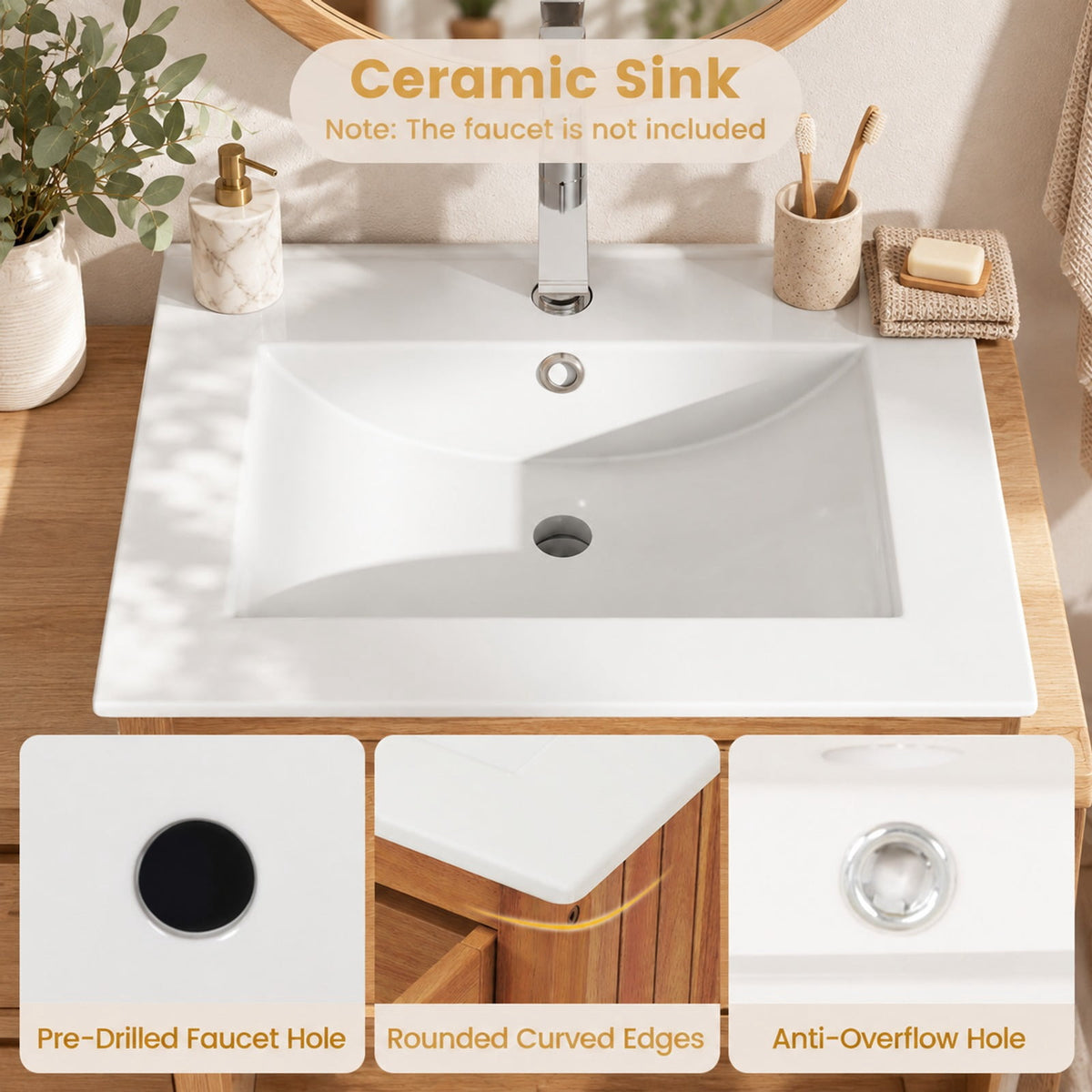 Airfind Bathroom Vanity with Ceramic Sink 2 Rattan Doors and Slatted Shelf, 70 lbs Capacity, Acacia Wood PE Rattan Ceramic Frame, White + Natural