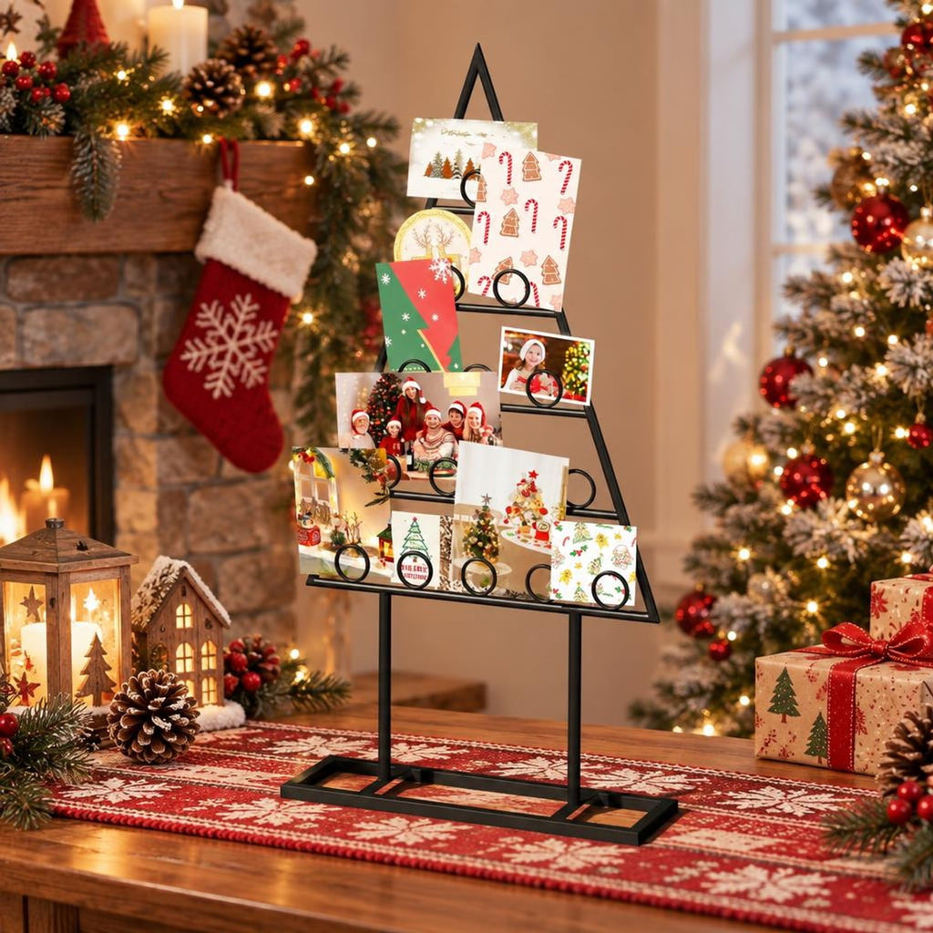 AIRFIND Christmas Card Holder Set of 2 Tree-Shaped Metal Photo Display Stands with 36 Round Clips, Large and Small Holiday Racks, Black