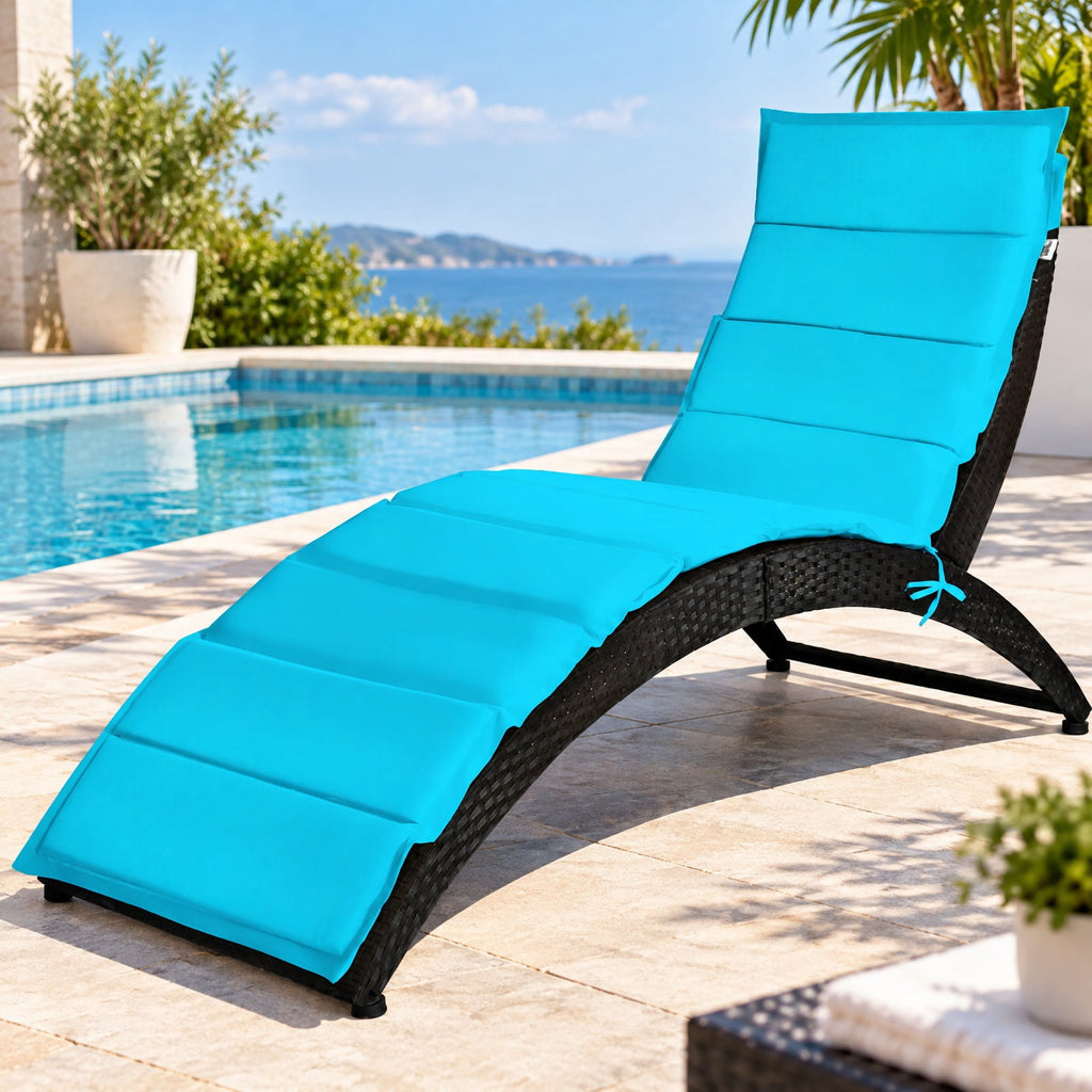 Airfind Folding Patio Rattan Portable Lounge Chair Chaise with Cushion, PE rattan steel non-woven fabric sponge Frame, Turquoise
