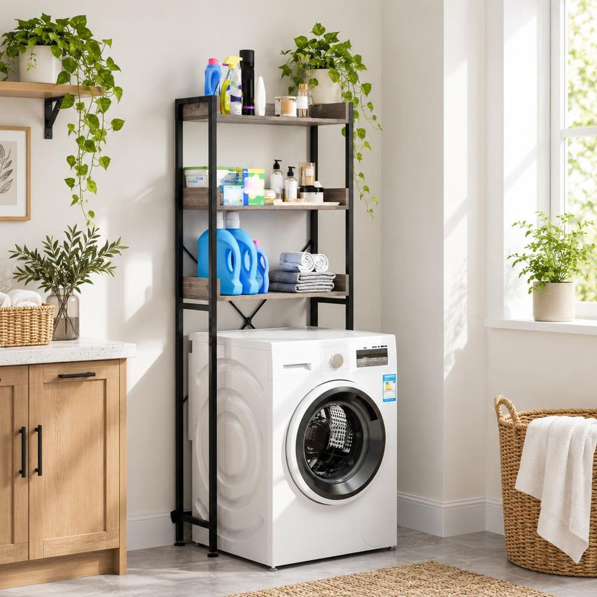 Airfind Over The Toilet Storage Rack with Hooks and Adjustable Bottom Bar, Metal Engineered Wood Frame, Grey