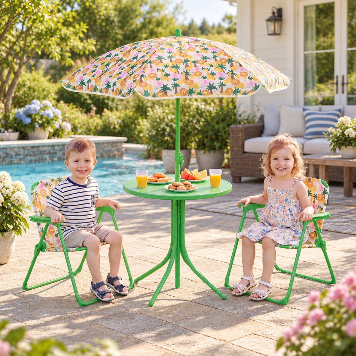 Airfind Kids Outdoor Table and Chair Set with 2 Folding Chairs and Height Adjustable Umbrella, 165 lbs Capacity, for 3-6 Years Old, Beige