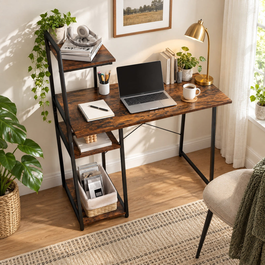Airfind Computer Desk with Shelves and 3-Tier Storage Bookshelf, Metal Engineered Wood Frame, 39.5 x 20 x 47.5 Footprint, Brown