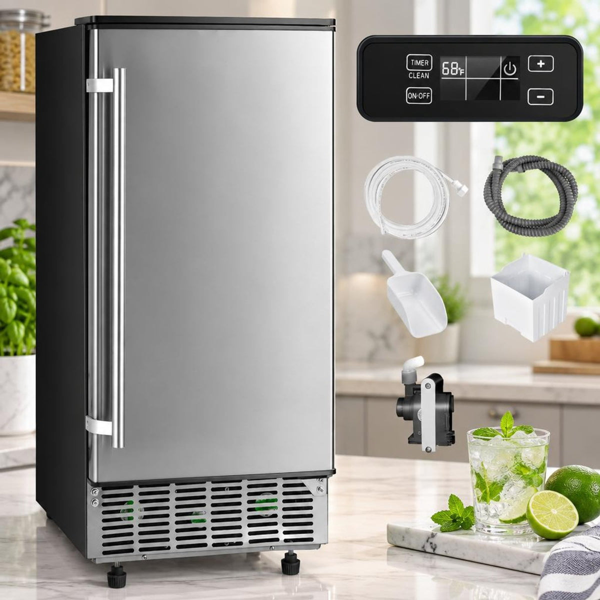 Airfind Free-Standing Built-In Undercounter Ice Maker, Stainless Steel PP Zinc-Plated Sheet ABS for Convenient Everyday Use, Silver