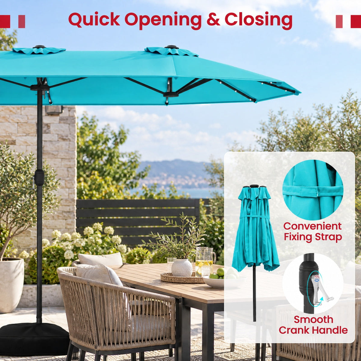 Airfind 13FT Double-sided Patio Umbrella with Solar Lights for Garden Pool Backyard, Metal 180g Yarn Dyed Fabric PA Coating Frame, Turquoise