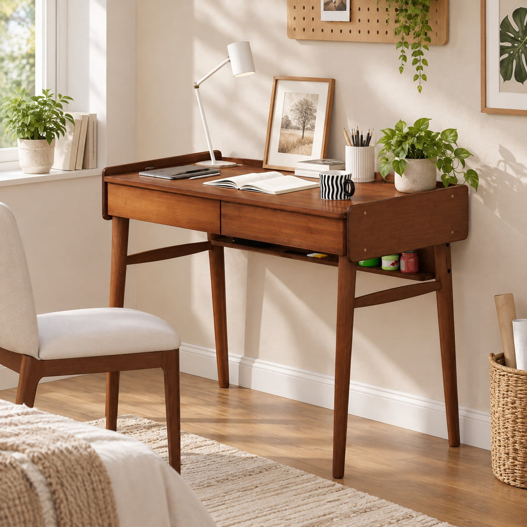 Airfind Bamboo Writing Desk with 2 Storage Drawers and Open Shelf, 110 lbs Capacity, Bamboo Frame, Walnut