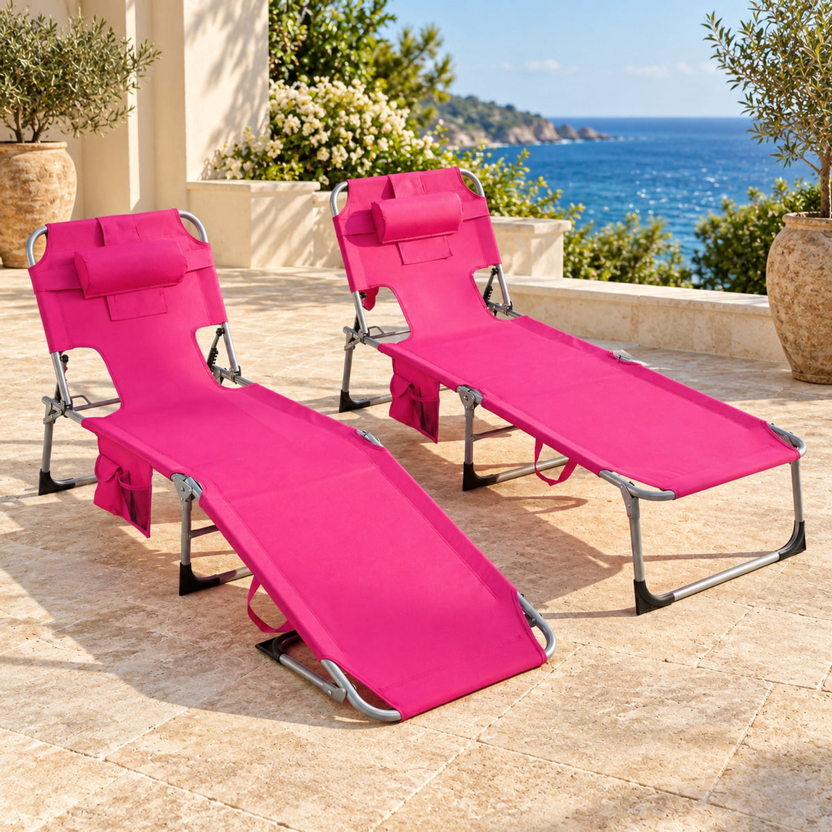 Airfind Set of 2 Tanning Chair Portable Chaise Lounge Chair with 4-Position Adjustable Backrest, 330 lbs Capacity, Pink