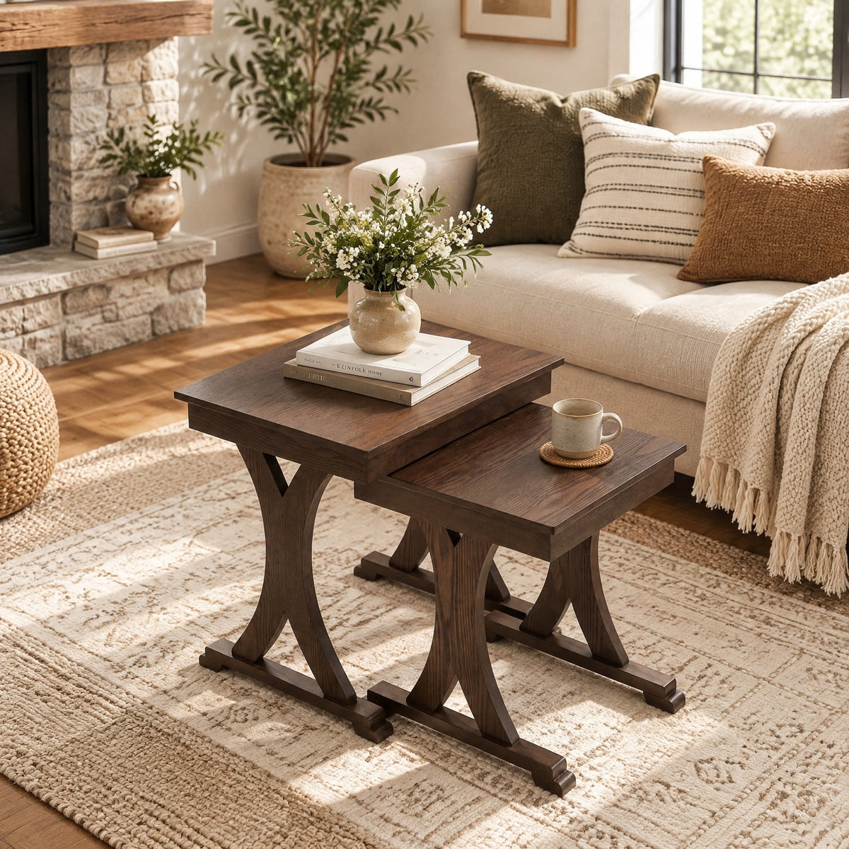 Airfind 3 Pieces Nesting Coffee Table Side Table with Solid Rubber Wood Legs, 71 lbs Capacity, Rubber Wood MDF Frame, 23 x 15 x 22 Footprint