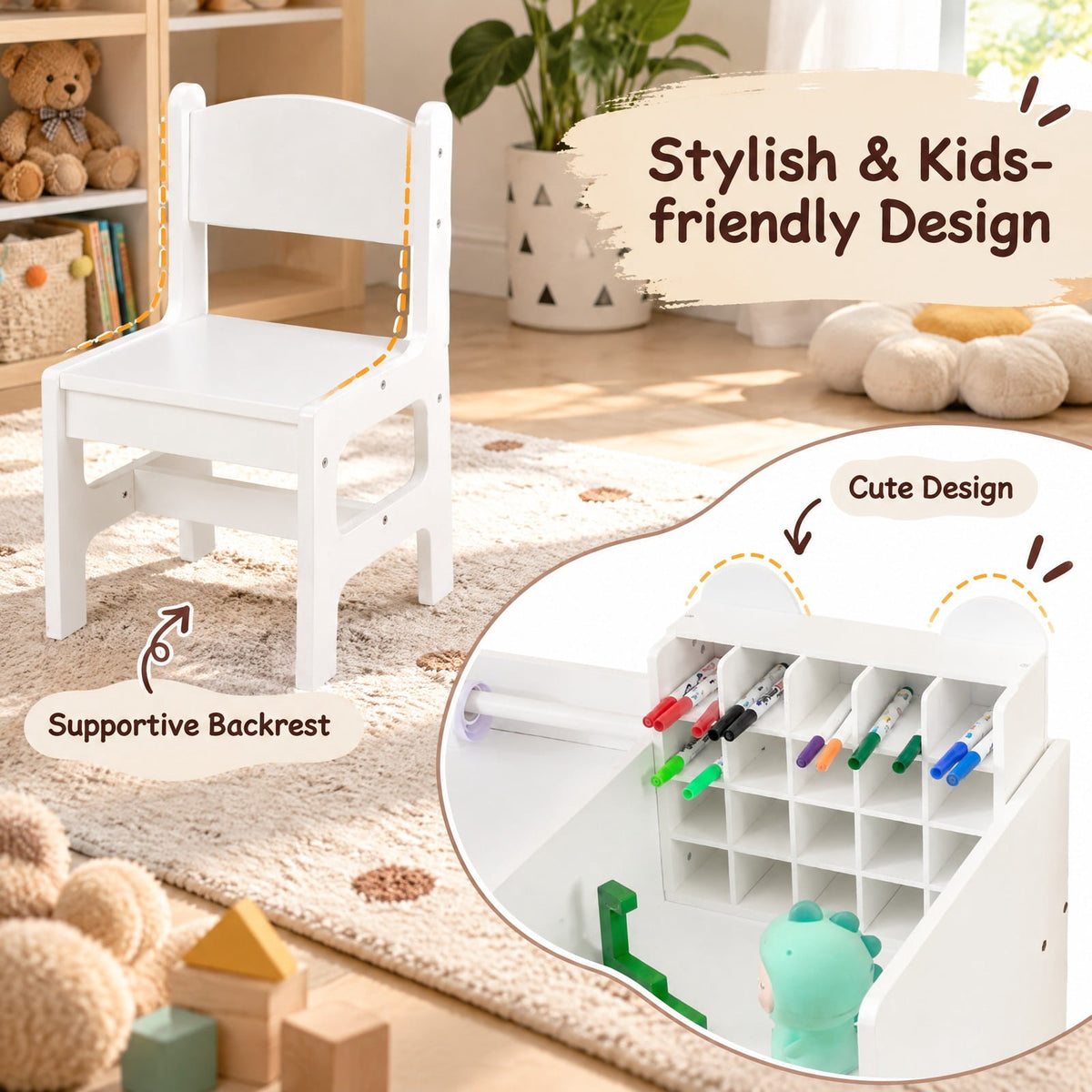 Airfind Kids Art Table and Chair Set with Detachable Paper Roll Holder and Cabinet, 66 lbs Capacity, MDF Frame, for 3+, White
