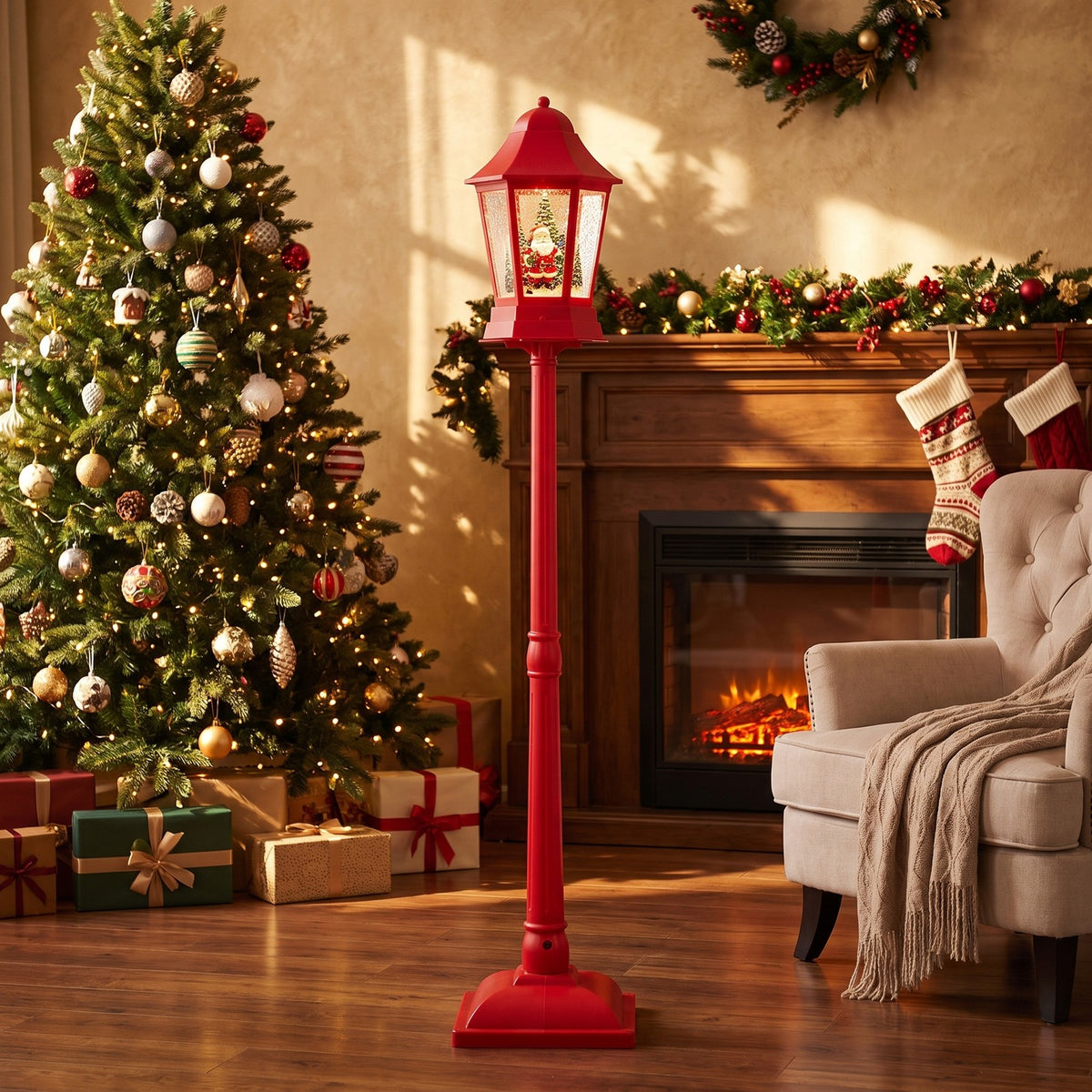 Airfind 5.3 Feet Musical Christmas Street Lamp featuring 60 Warm White LED Lights, ABS PP PVC, 12.5 Inch x 12.5 Inch x 64 Inch Lantern, Red
