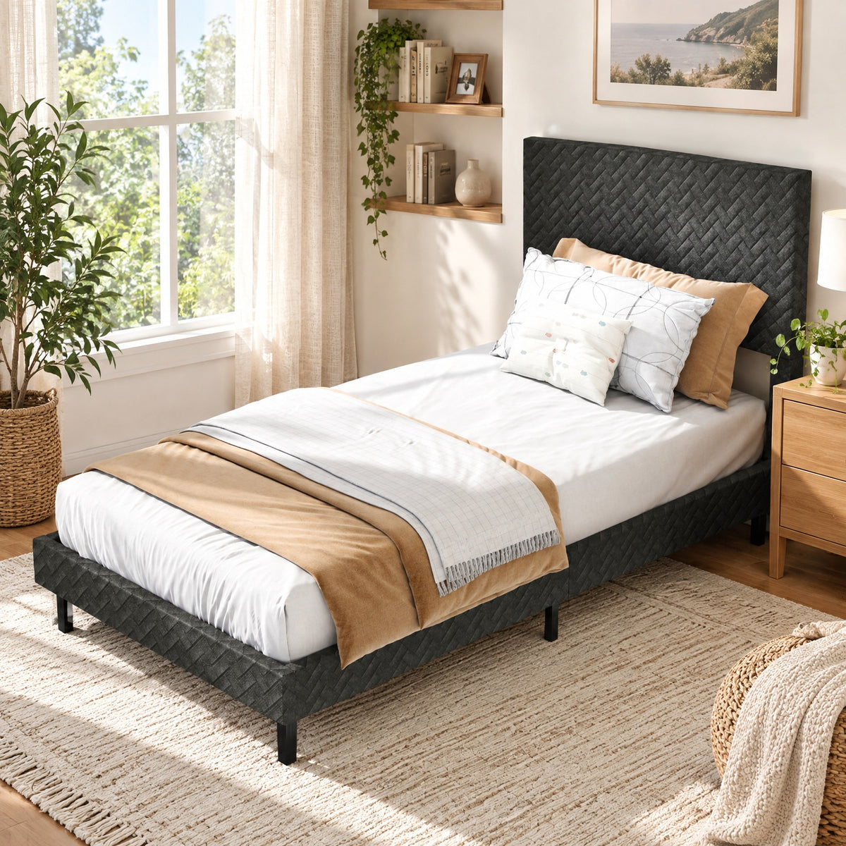 Airfind Twin/Full/Queen Size Velvet Bed Frame Upholstered Platform Bed with Chevron Headboard Gray, 500 lbs Capacity, Velvet Frame, Gray