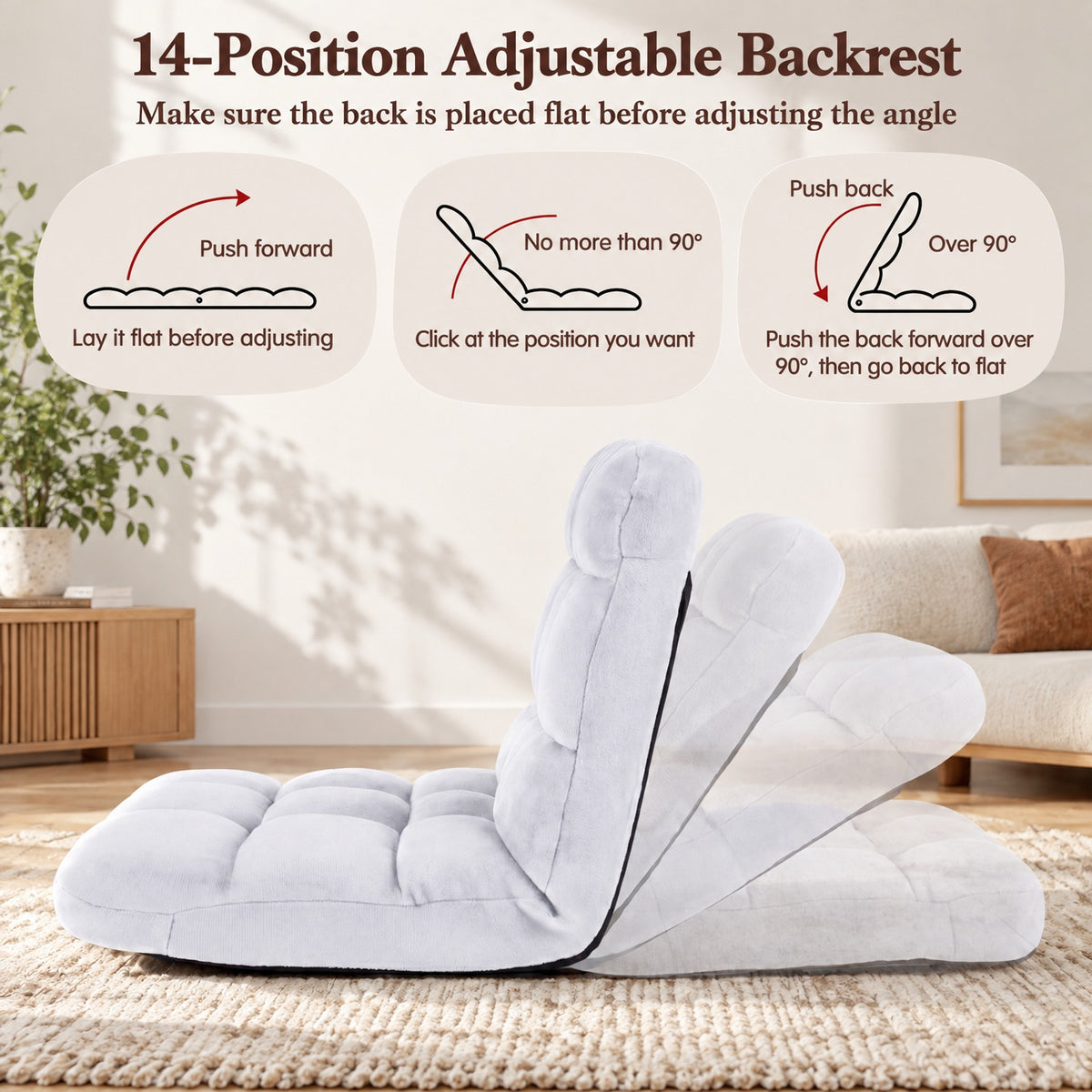 AIRFIND Floor Chair with 14-Position Adjustable Backrest, Padded Seat and Steel Frame, Lay-Flat Lounge Seat for Reading and Gaming, White