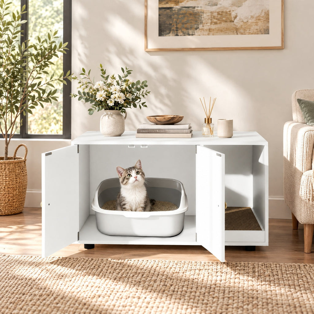 Airfind Wooden Cat Litter Box Enclosure Hidden Litter Box Furniture with Scratching Board, Engineered Board MDF Frame, White