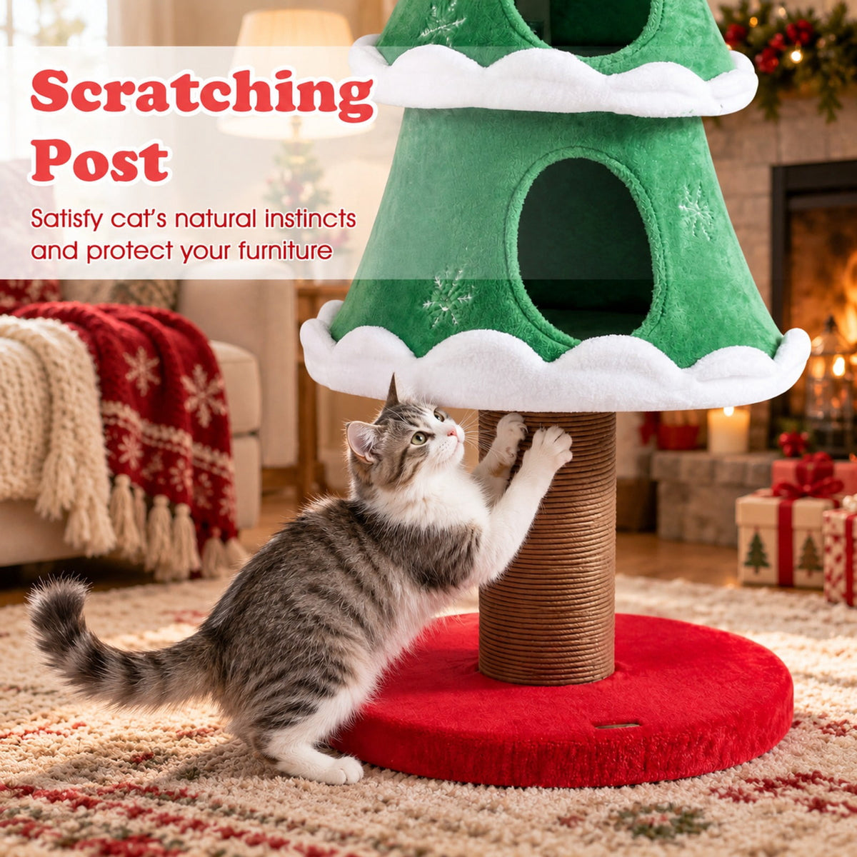 Airfind 51 Christmas Cat Tree with 2 Cozy Condos and Scratching Post for Pets, 19.5 x 19.5 x 51Height of Scratching Post 11Weight Footprint