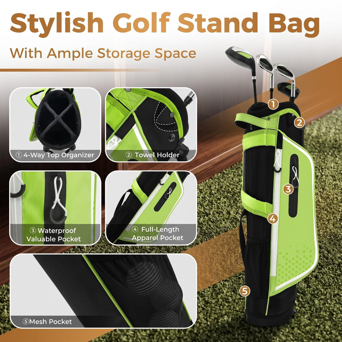 Airfind Junior Complete Golf Club Set for Kids Ages 8-10, Right Handed Youth Golf Clubs with Stand Bag, Rain Hood, Driver, Irons and Putter, Green