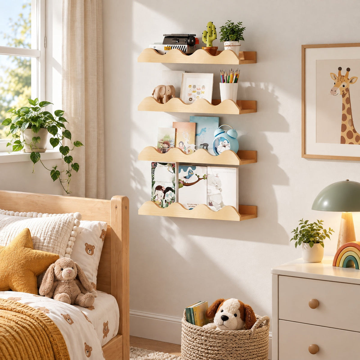 Airfind 16 Inch Kids Bookshelf Set of 4 Floating Nursery Book Shelves for Decoration Book Toy Storage, 11 lbs Capacity, Fir Wood Frame, Natural
