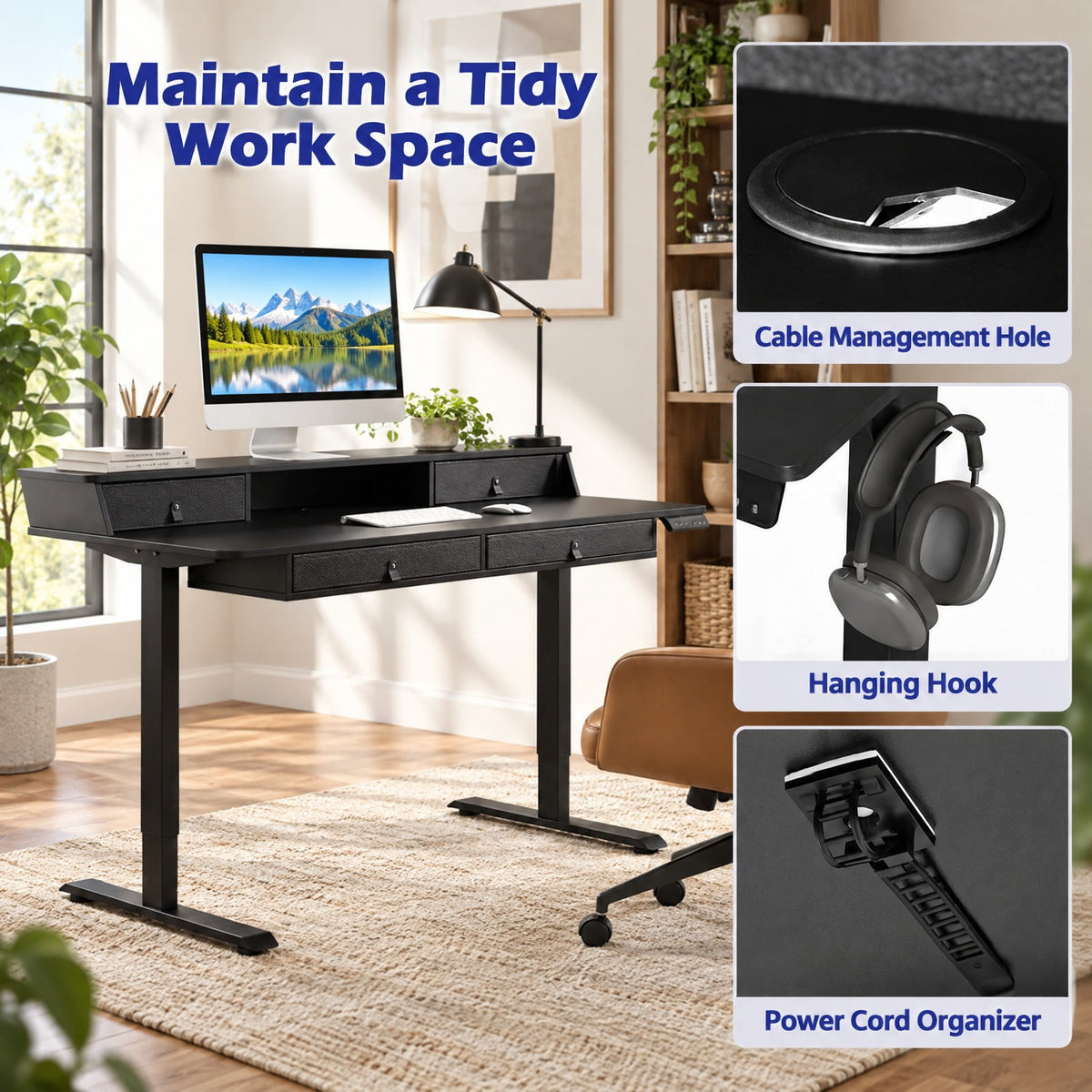 Airfind 55 Inch x 27 Inch Electric Standing Desk with Drawers, Engineered Wood Metal Fabric Frame, 55 Inch x 27 Inch x 33.5 Inch -51 Inch Footprint, Black