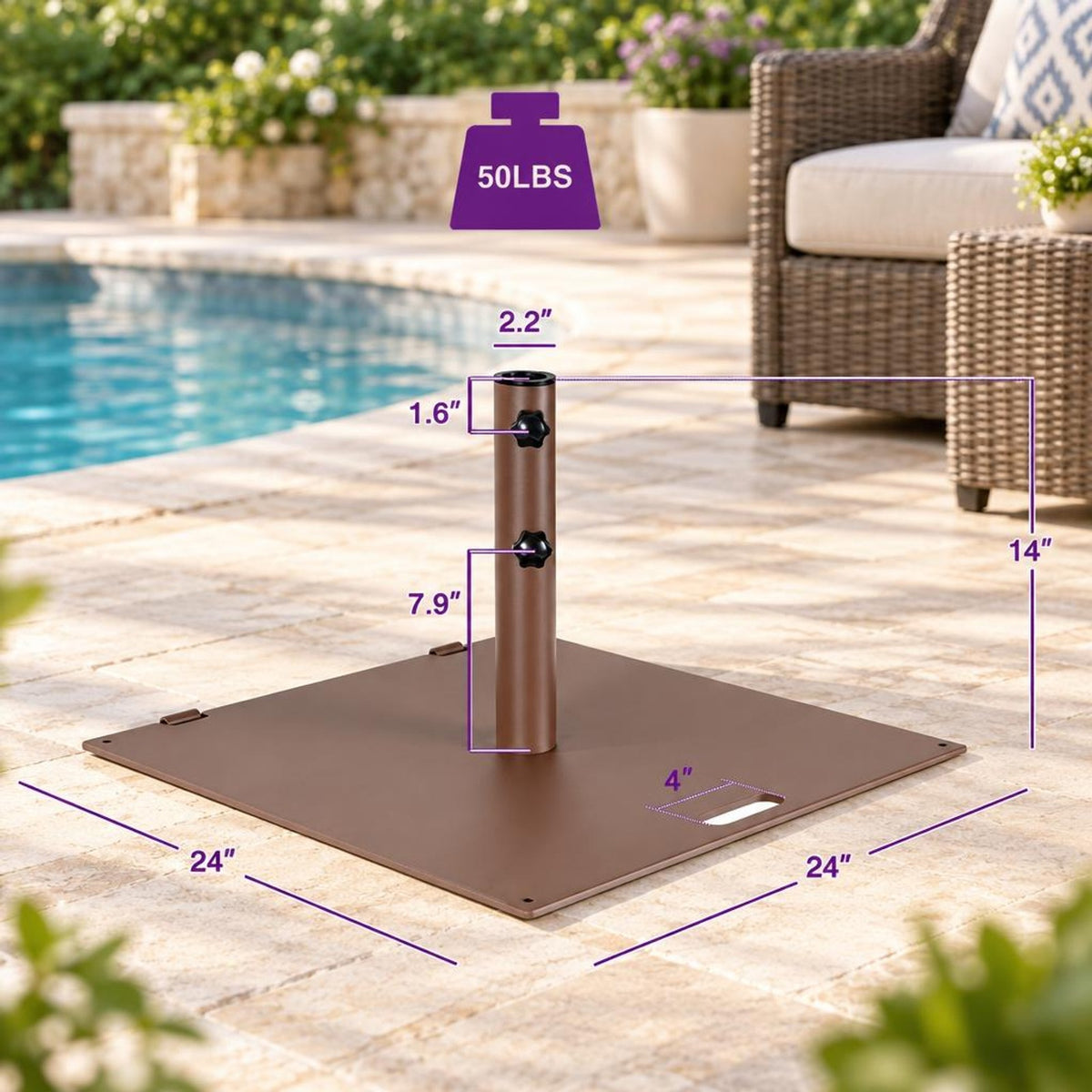 Airfind 50 LBS Weighted 24 Inch Square Patio Umbrella Base, Steel PP Frame, 24 x 24 x 14 (L x W x H) Suitable Footprint, Brown