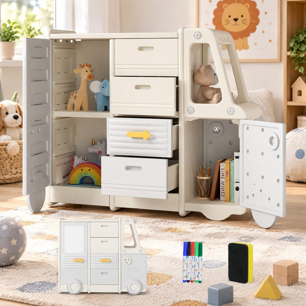 Airfind Kids Toy Storage Organizer Bus-shaped Children Cabinet with 4 Pull-out Drawers with Handles, 180 lbs Capacity, HDPE PP Frame, Grey